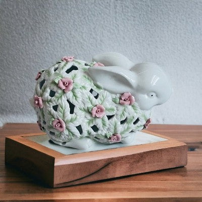 VNTG Flowered Bunny Figurine Easter Ceramic Rabbit Pink Rose White Rabbit Statue