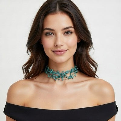 Gorgeous Handmade Seed Bead Sequin Crochet Necklace Sparkly Green 16"-19" VG