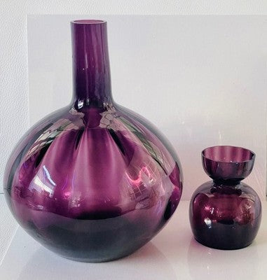 Set of 2 Vintage Purple Hand Blown Glass Vases 11.5” & 4.5” Tall Art Glass Decor