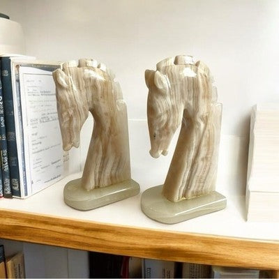 Vintage Onyx Horse Head Bookends Pair Stone Figurines White Brown 1970s Decor