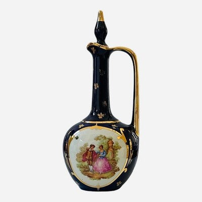 Vintage 1969 Giffard Cobalt Blue Gold Decanter Pitcher France Porcelain Stopper