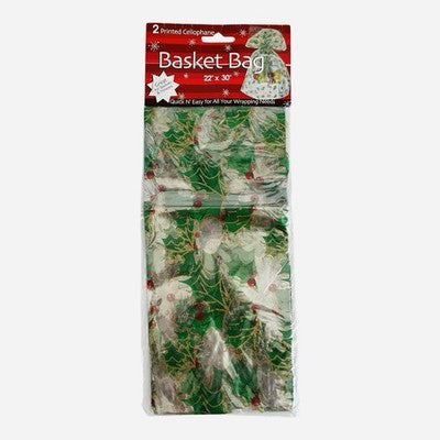 Christmas Holly Print Cellophane Basket Bags 22"x30" Pack of 2 New