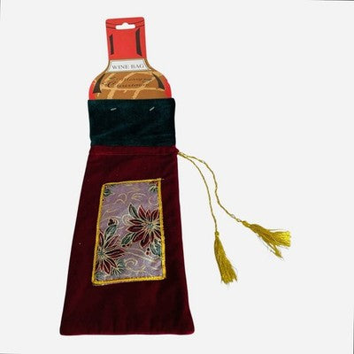 Christmas Wine Bottle Bag Burgundy Velvet Poinsettia Tapestry Gold Tassel New