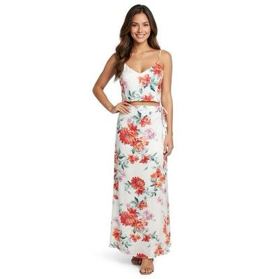 Lulus White Red Pink Floral Two Piece Set Crop Top Maxi Wrap Skirt Size L NWT