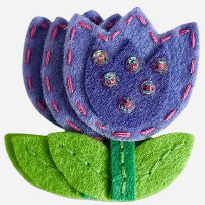 Handmade Felt Purple Tulip Flower Appliques Sequin Beaded Craft Lot of 3 New