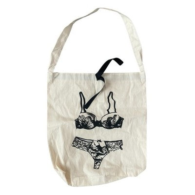 Bag All Lingerie Print Canvas Tote Bag Off White Black Print Bow Handbag