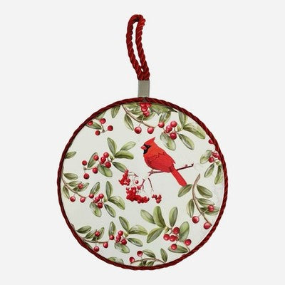 Vintage Cardinal Trivet Ceramic Cork Back Christmas Holly Berry Hanging VG
