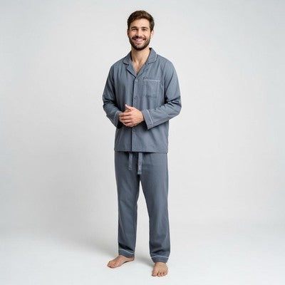 David Archy Cotton Men's Long Button-Down Pants Sleepwear Pajama Set Gray Sz XL