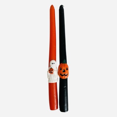 Vintage Halloween Taper Candles Set of 2 Ghost Pumpkin Orange Black 10" NWOT