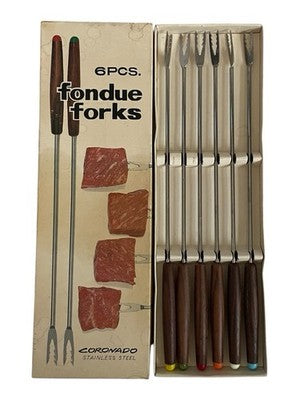 Vintage Coronado Fondue Forks 6pc Set Stainless Steel Color Tip in Box VG Retro