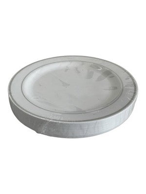 Elegant White Plastic Plates 20pc Silver Rim Heavy Duty 7.5in Party NIP