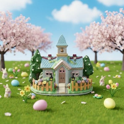 Rabbit & Co Lighted Church Easter Village Porcelain Heart Windows Flowers Fence