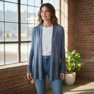Eileen Fisher Women's Gray Blue Tie Dye Knit Open Cardigan Sweater Sz S Long VG