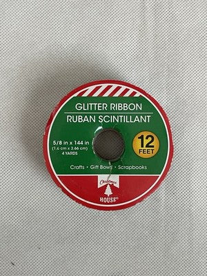 Christmas House Silver Glitter Ribbon 5/8 In x 12 Ft Crafts Gift Bows NIP