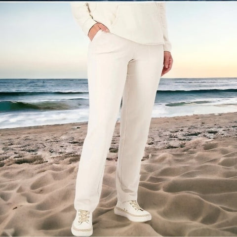 Denim&Co Cotton Straight Athletic Pants Women Medium Off White Elastic Waist New