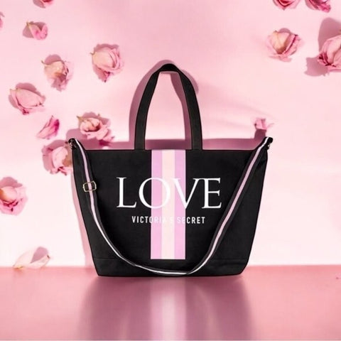 Victoria’s Secret Love Tote Canvas Striped Weekend Travel Bag NWT
