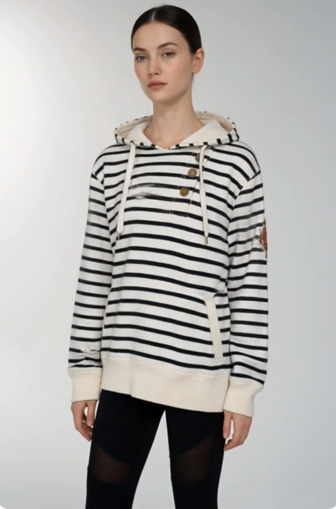 Ralph Lauren Jeans Women's Striped Hoodie XL Navy Blue Cotton LRL Sweatshirt VG