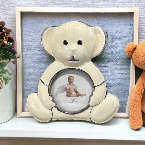 Silver Plated Teddy Bear White Photo Frame 2x2" Tabletop Child's Picture NWT