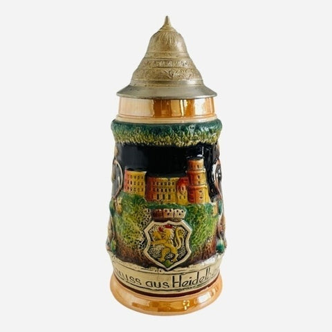 King German Beer Stein Gruss Aus Heidelberg Ceramic Metal Lid .8L Hand Painted