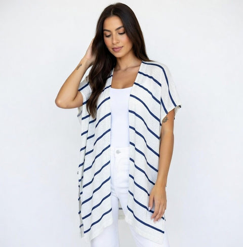 Lilly Pulitzer Linen Striped Open Front Cardigan Women's White Blue Sweater S/M