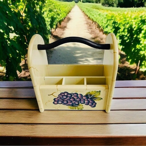 Vintage Handcrafted Ceramic Caddy 9" Grape Design Utensil Holder Black Handle
