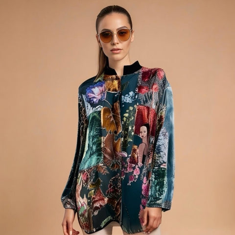 Draper's & Damon's Burnout Velvet Blouse Black Multicolor Patchwork L Silk Rayon