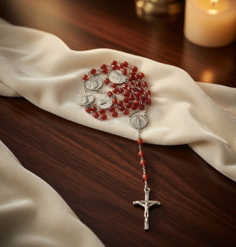 Pope John Paul II Vatican Rosary Red Crystal Beads Miraculous Medal NIB Italy