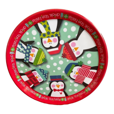 Penguins Round Christmas Tray Plate Holiday Decor 14” Accent NWOT