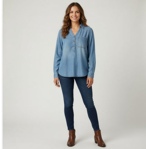 Massini Women's Light Blue Denim Tunic Shirt M Half Button Front Long Sleeve VG