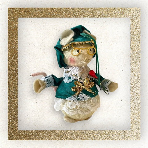 Vintage Handcrafted Christmas Mouse Ornament Xmas Green PJ Mouse