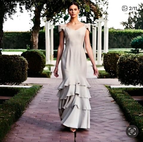 NICOWA Gray Ruffle Hem Fit Flare Maxi Dress Zip Back Evening Gown Size S-M