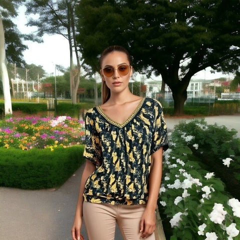 FREE PEOPLE Women's Floral Sheer Loose Fit Top Navy Yellow Black Rayon Size S