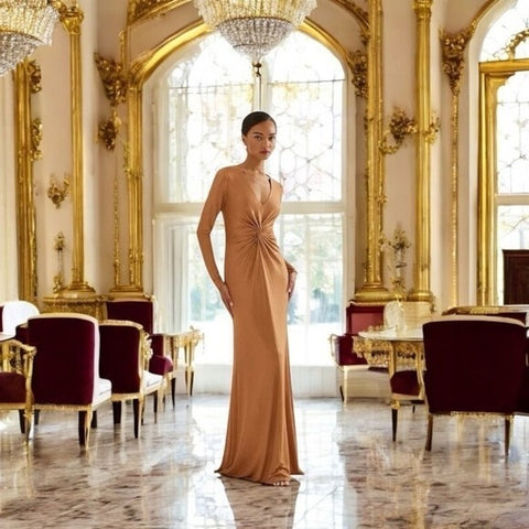 Lauren Ralph Lauren Gold Metallic Jersey Gown Twist Waist Maxi Dress Size 10 NWT