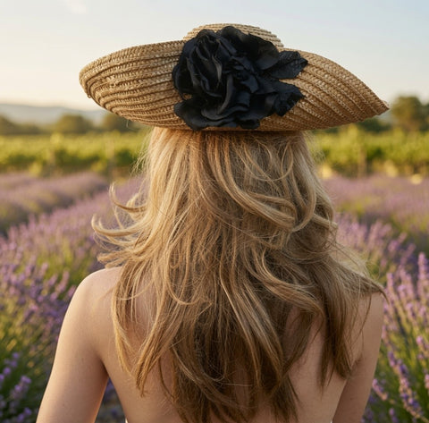 Vintage Wide Brim Natural Straw Sun Hat Black Satin Rose Flower Accent VG