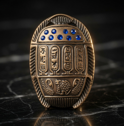 Egyptian Scarab Beetle Fridge Magnet Copper Tone Hieroglyph Blue Rhinestone EXC