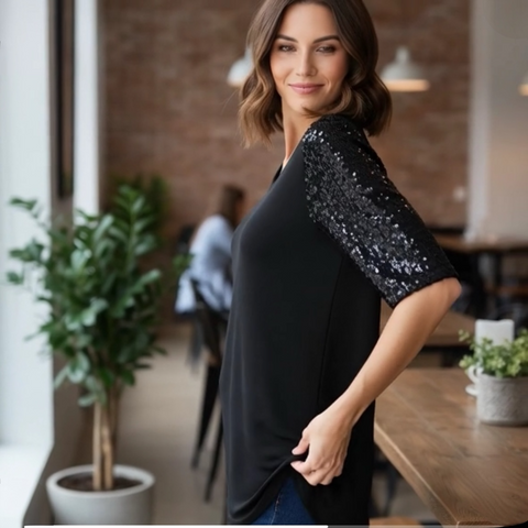 Quacker Factory Women's Black V-Neck Top Sequin Elbow 3/4 Sleeve Tunic Shirt XL
