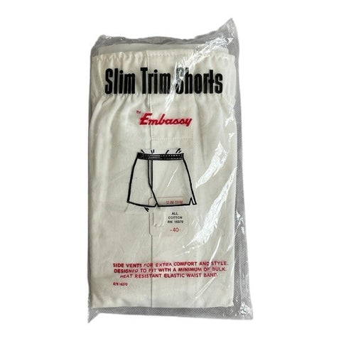 Vintage 80s Embassy Slim Trim White Cotton Boxer Shorts Heat Resistant Waist 40