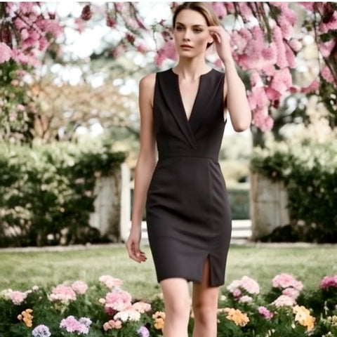 Black Swan Women’s Black Tuxedo Bodycon Midi Dress Deep V Size S