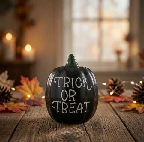 Black Ceramic Trick Or Treat Pumpkin Halloween Decor Figurine Glossy 3" VG
