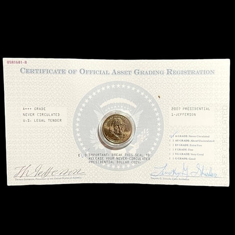 2007 JEFFERSON Presidential $1 Coin GoldPlated Uncirculated Collectible Coin NIB