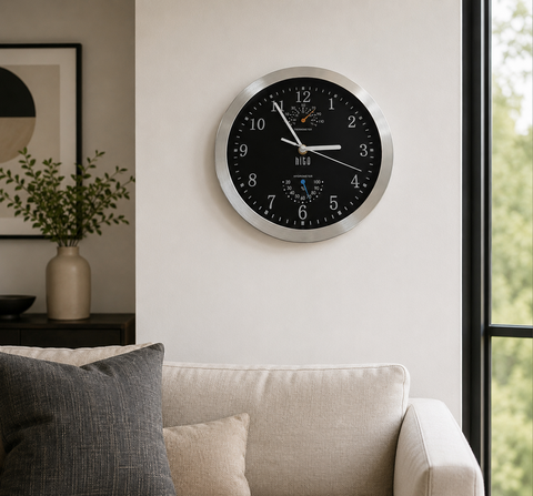 Hito Silent Wall Clock Thermometer Hygrometer 10" Silver Aluminum Frame New