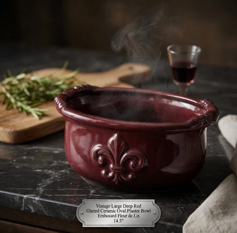 Vintage Large Deep Red Glazed Ceramic Oval Planter Bowl Embossed Fleur de Lis 14