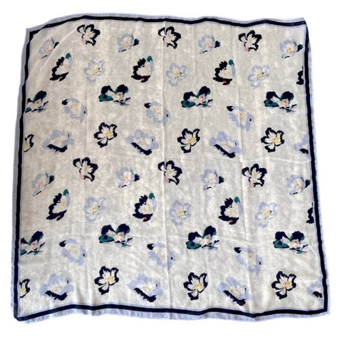 Blue White Floral Butterfly Chiffon Lightweight Sheer Scarf Neckerchief Wrap 40"