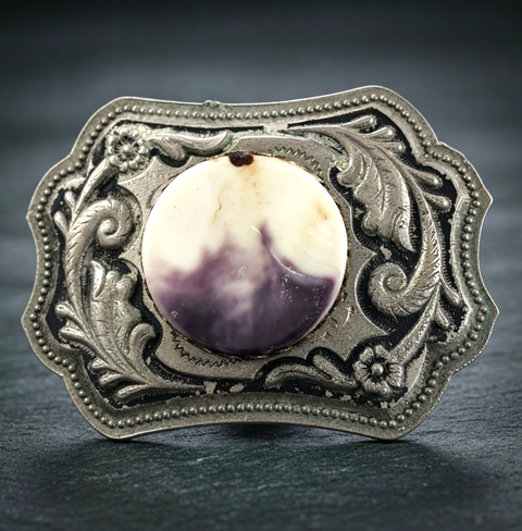 Vintage Western Belt Buckle Silver Tone Scroll Engraved Purple White Stone 3.75"