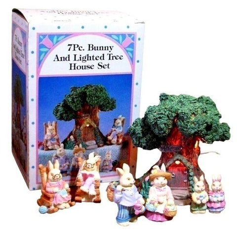 Vintage 7pc Lighted Bunny Tree House Easter Decor Set Rabbit Family Figurines