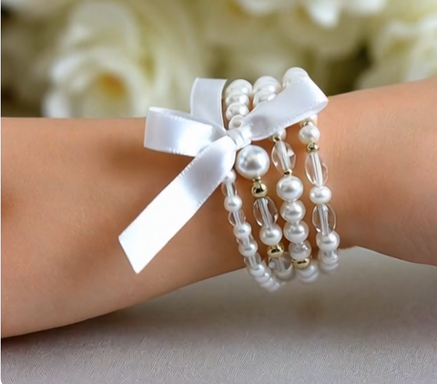 Layered Beaded Three White Pearl Ribbon Bow Bracelet Wedding Accessories NWOT