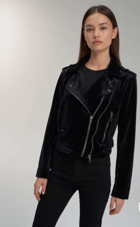 BlankNYC Anthropologie Black Velvet Moto Jacket M Zip Front Biker Crushed