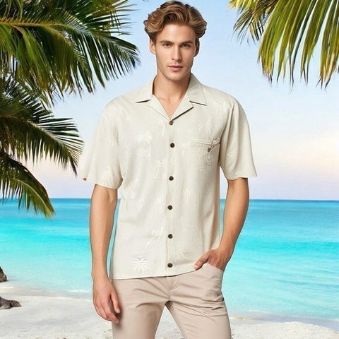 Tommy Bahama Men's Beige Silk Palm Print Hawaiian Shirt L Relaxed Fit $159 VG