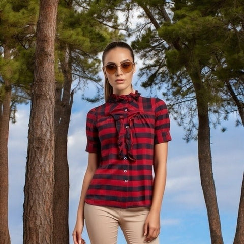 Twenty One Red Black Buffalo Plaid Ruffle Blouse S Silk High Neck Button Up EXC