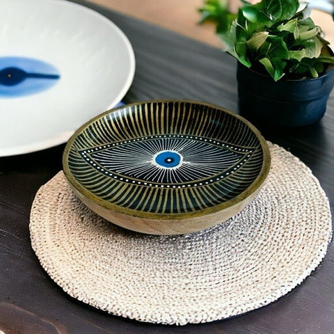 Unique Seeing Eye Wood Bowl Hand Painted Amulet Design 6" Organic Snack Dish VG